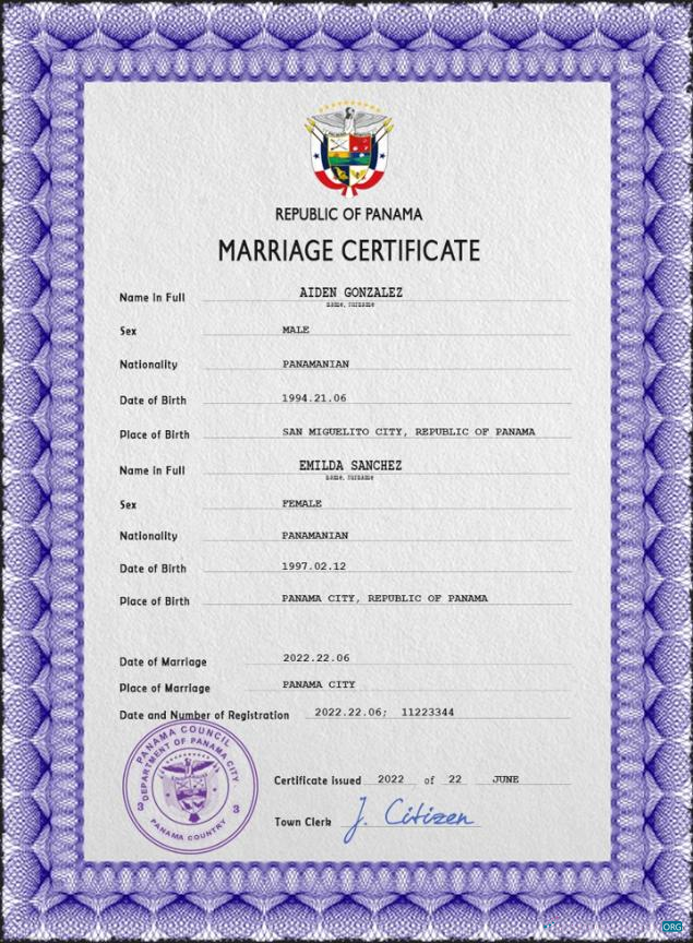 Редактируемый Скачать Панама Marriage Certificate PSD Шаблон Photoshop Шаблон