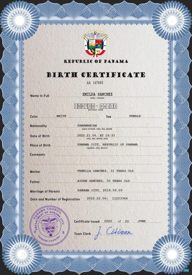 Редактируемый Скачать Панама Vital Record Birth Certificate PSD Шаблон Photoshop Шаблон