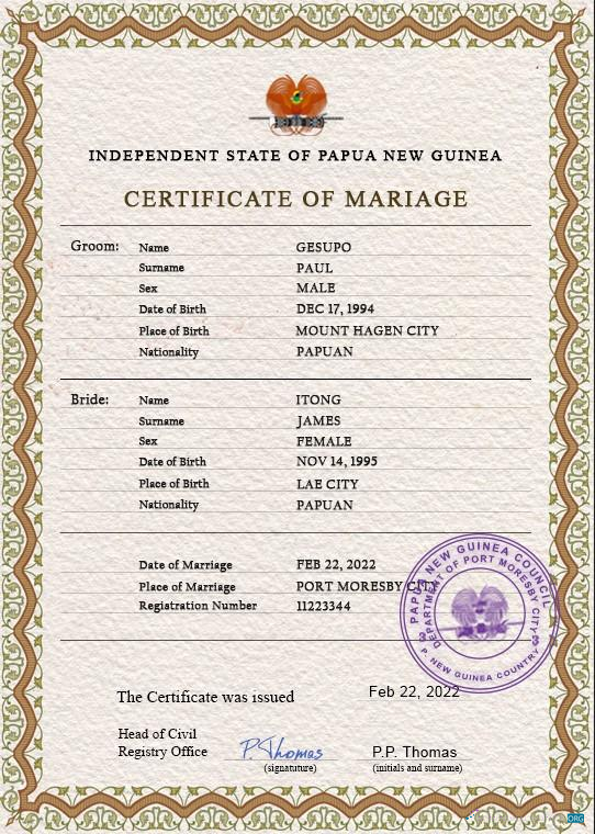 Профессиональный Скачать Папуа-Новая Гвинея Marriage Certificate PSD Шаблон Photoshop Шаблон