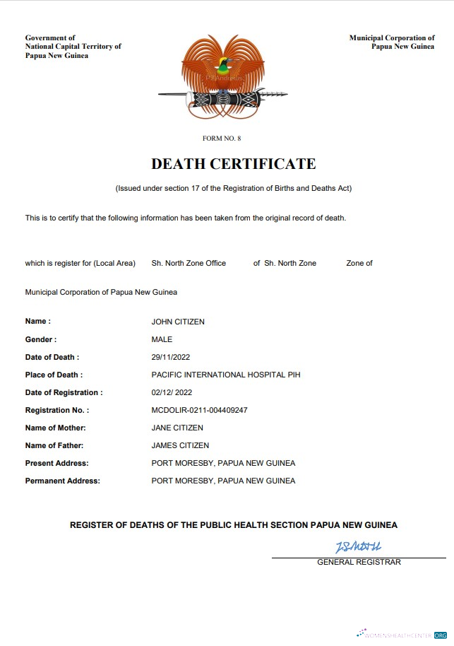 Качественный Скачать Папуа-Новая Гвинея Vital Record Death Certificate Word и PDF Шаблон Photoshop Шаблон