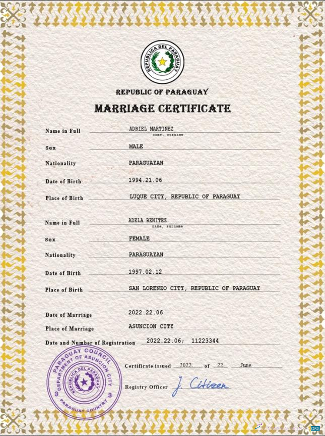 Реалистичный Скачать Парагвай Marriage Certificate PSD Шаблон Photoshop Шаблон