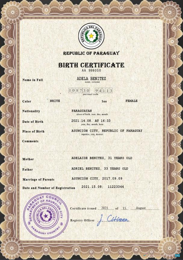 Редактируемый Скачать Парагвай Vital Record Birth Certificate PSD Шаблон Photoshop Шаблон