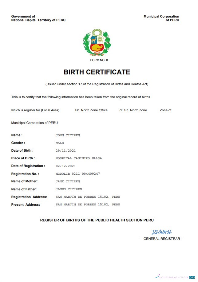 Редактируемый Скачать Перу Birth Certificate Word и PDF Шаблон Photoshop Шаблон