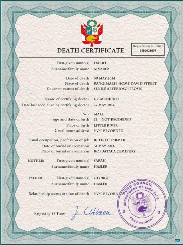 Профессиональный Скачать Перу Death Certificate PSD Шаблон Photoshop Шаблон