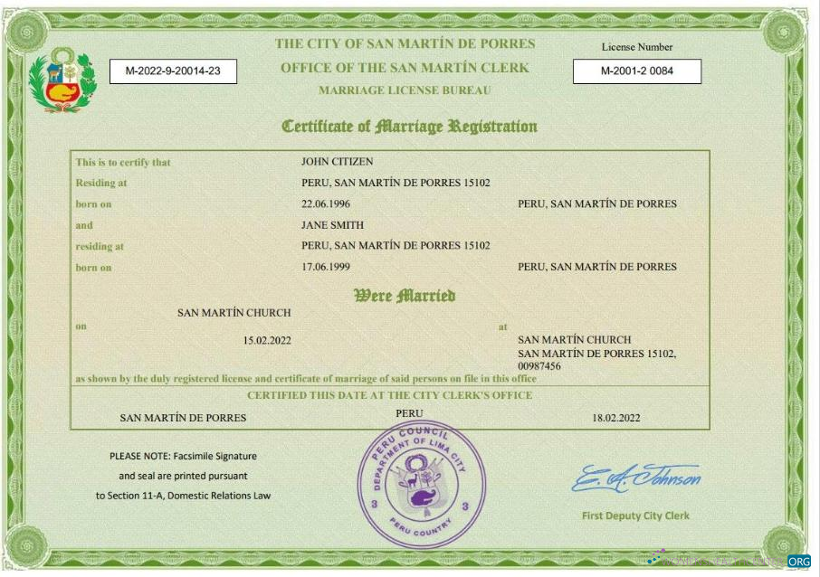 Редактируемый Скачать Перу Marriage Certificate Word и PDF Шаблон Photoshop Шаблон