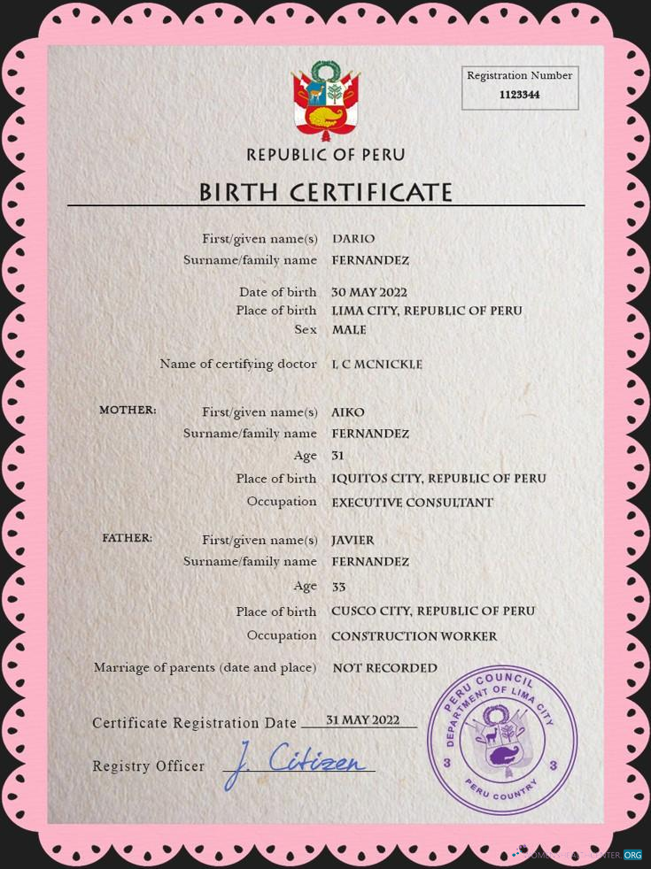Реалистичный Скачать Перу Vital Record Birth Certificate PSD Шаблон Photoshop Шаблон