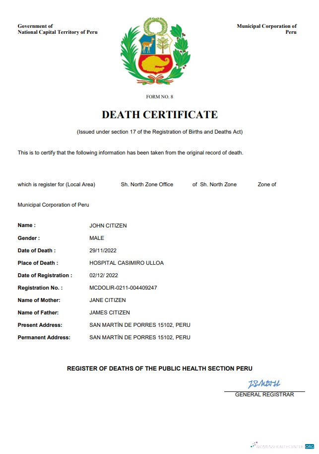 Премиум Скачать Перу Vital Record Death Certificate Word и PDF Шаблон Photoshop Шаблон
