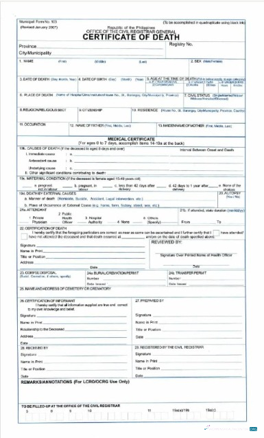 Качественный Скачать Филиппины Office Civil Registrar General Death Certificate Photoshop Шаблон