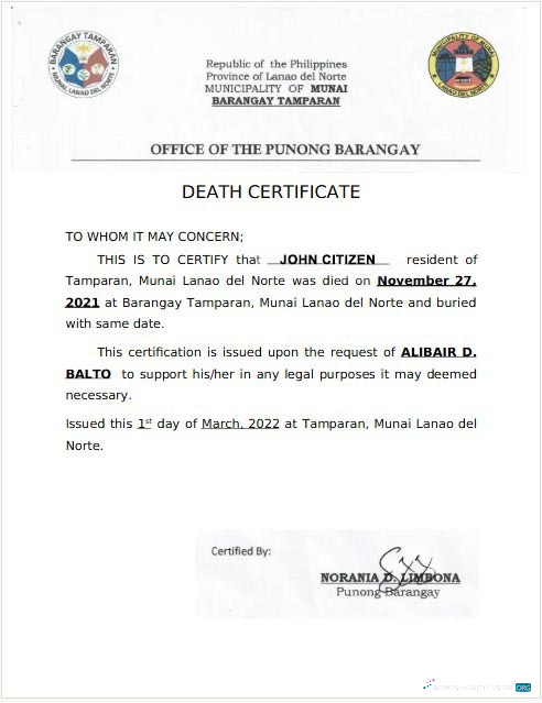 Профессиональный Скачать Филиппины Office Punong Barangay Death Certificate Photoshop Шаблон