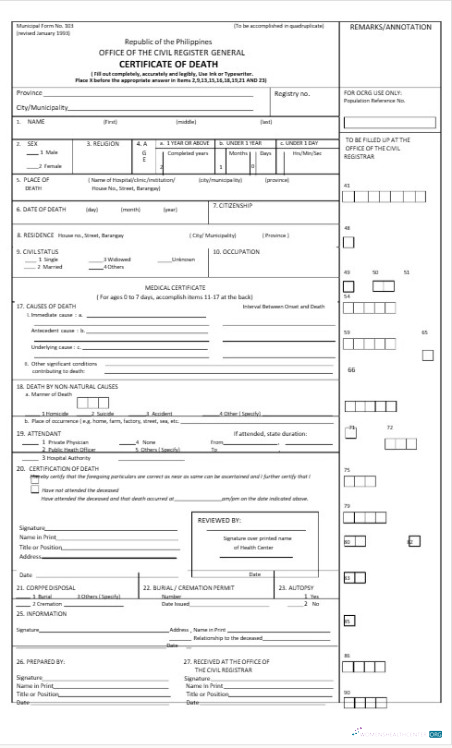 Качественный Скачать Филиппины Office Civil Register General Death Certificate Photoshop Шаблон