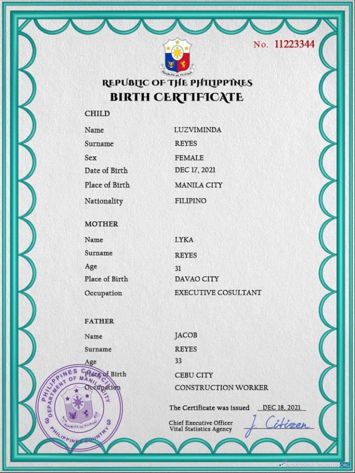 Качественный Скачать Филиппины Birth Certificate PSD Шаблон Photoshop Шаблон