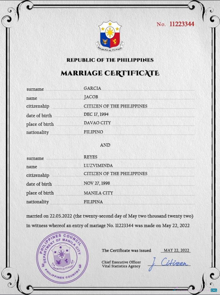 Реалистичный Скачать Филиппины Marriage Certificate PSD Шаблон Photoshop Шаблон
