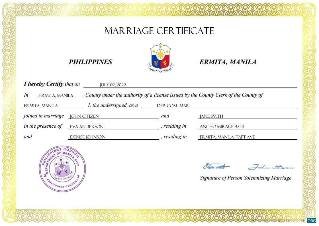 Качественный Скачать Филиппины Marriage Certificate Word и PDF Шаблон Photoshop Шаблон