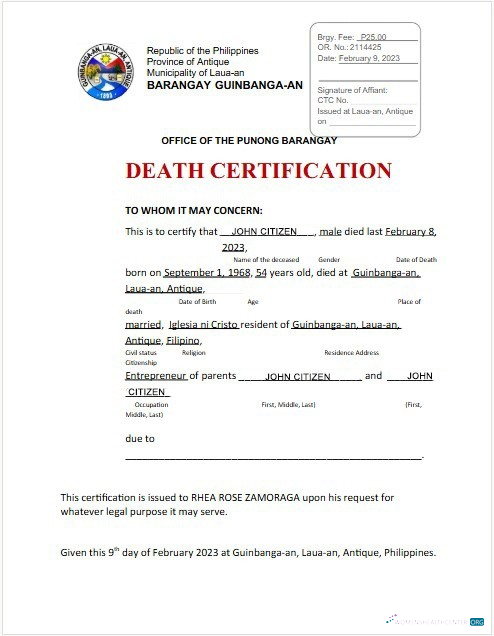 Реалистичный Скачать Филиппины Municipality Laua An Office Punong Barangay Death Certificate Photoshop Шаблон