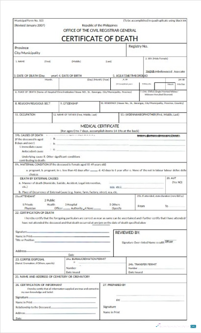 Профессиональный Скачать Филиппины Office Civil Registrar General Death Certificate Photoshop Шаблон