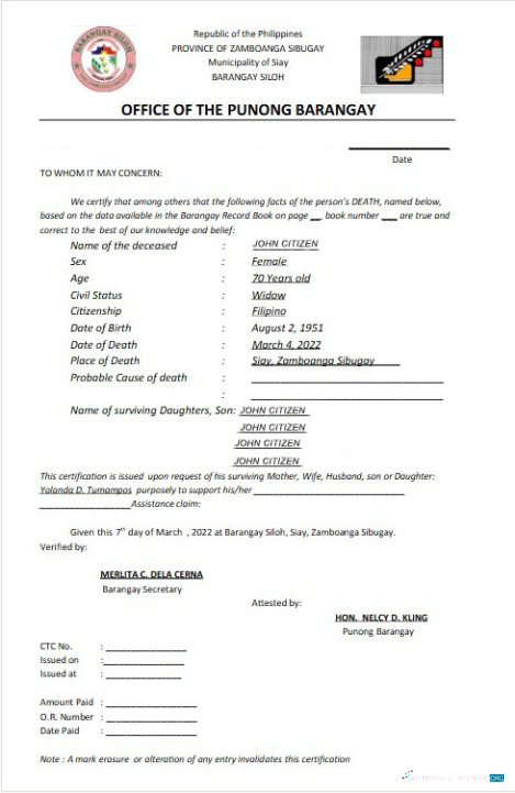 Профессиональный Скачать Филиппины Office Punong Barangay Certificate Death Photoshop Шаблон