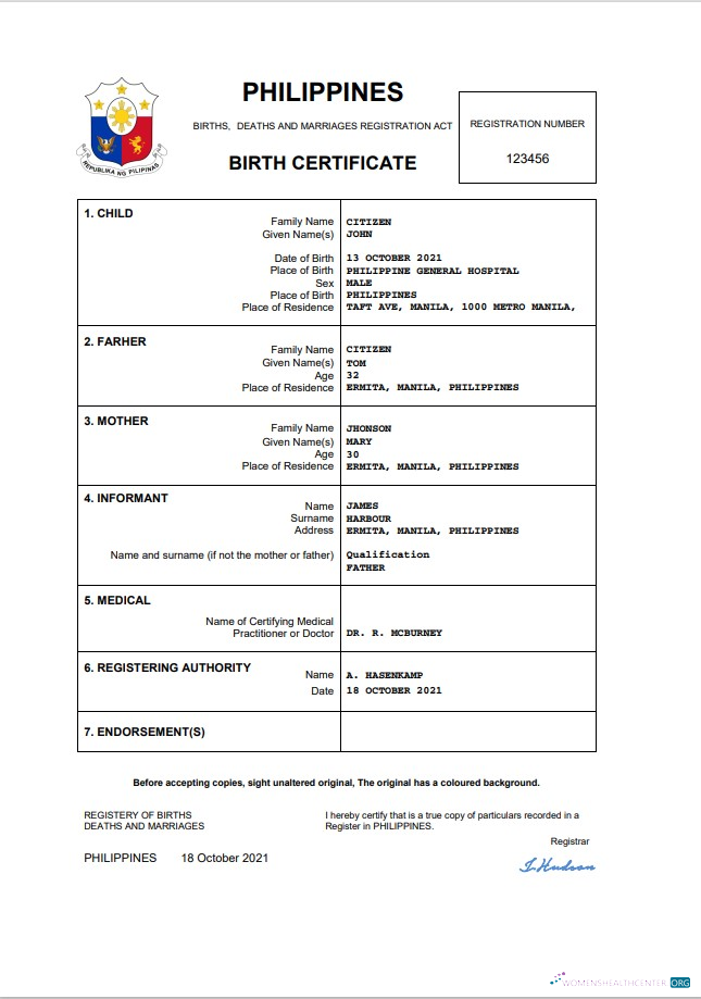 Реалистичный Скачать Филиппины Vital Record Birth Certificate Word и PDF Шаблон Photoshop Шаблон
