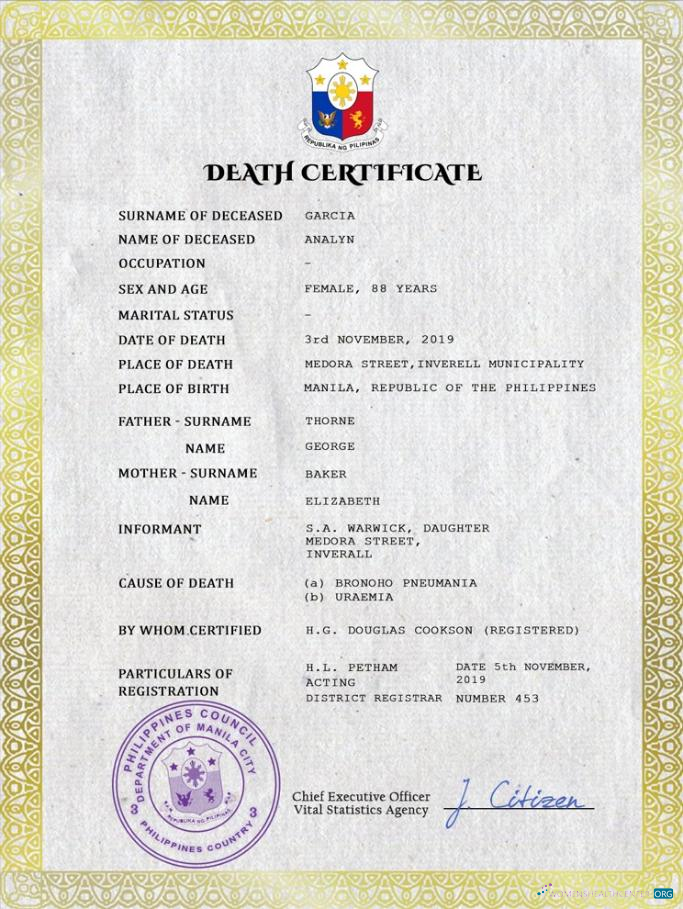 Премиум Скачать Филиппины Vital Record Death Certificate PSD Шаблон Photoshop Шаблон
