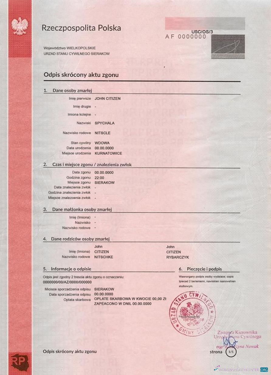Редактируемый Скачать Польша Death Certificate Photoshop Шаблон