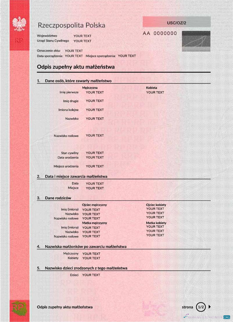 Редактируемый Скачать Польша Marriage Certificate PSD 1 Photoshop Шаблон
