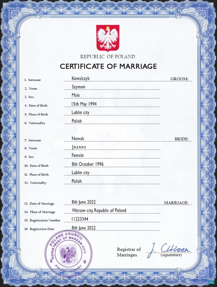 Качественный Скачать Польша Marriage Certificate PSD Шаблон Photoshop Шаблон