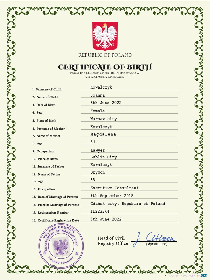 Редактируемый Скачать Польша Vital Record Birth Certificate PSD Шаблон, Photoshop Шаблон