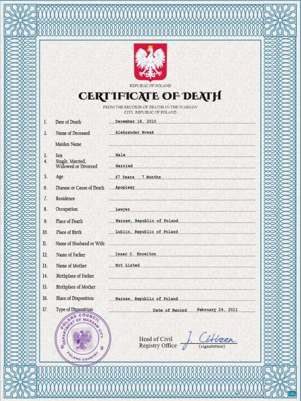 Реалистичный Скачать Польша Vital Record Death Certificate PSD Шаблон Photoshop Шаблон