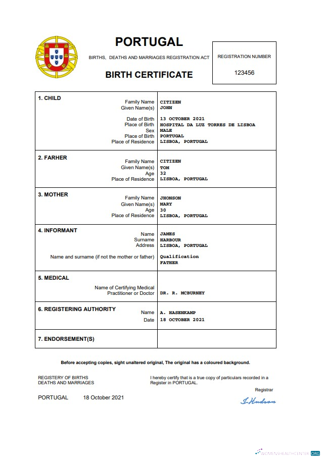 Реалистичный Скачать Португалия Birth Certificate Word и PDF Шаблон Photoshop Шаблон