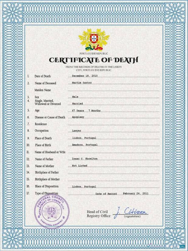 Качественный Скачать Португалия Death Certificate PSD Шаблон Photoshop Шаблон