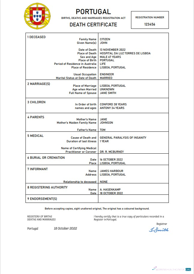 Качественный Скачать Португалия Death Certificate Word и PDF Шаблон Photoshop Шаблон