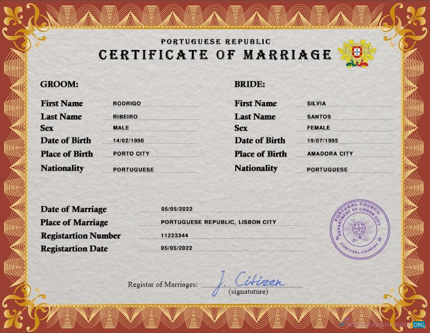 Реалистичный Скачать Португалия Marriage Certificate PSD Шаблон Photoshop Шаблон