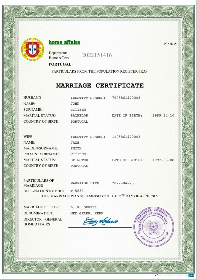 Редактируемый Скачать Португалия Marriage Certificate Word и PDF Шаблон Photoshop Шаблон