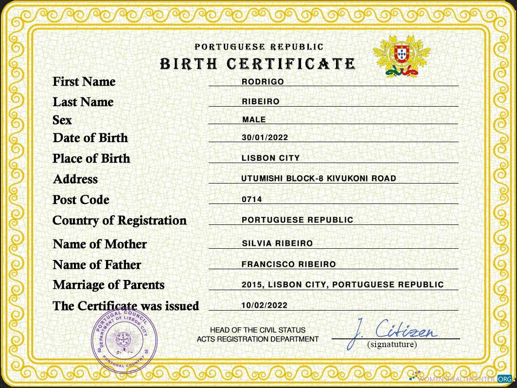 Реалистичный Скачать Португалия Vital Record Birth Certificate PSD Шаблон Photoshop Шаблон
