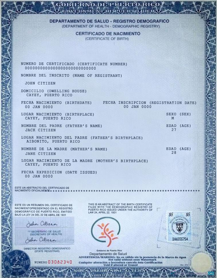 Профессиональный Скачать Puerto Rico Certificate Birth Photoshop Шаблон