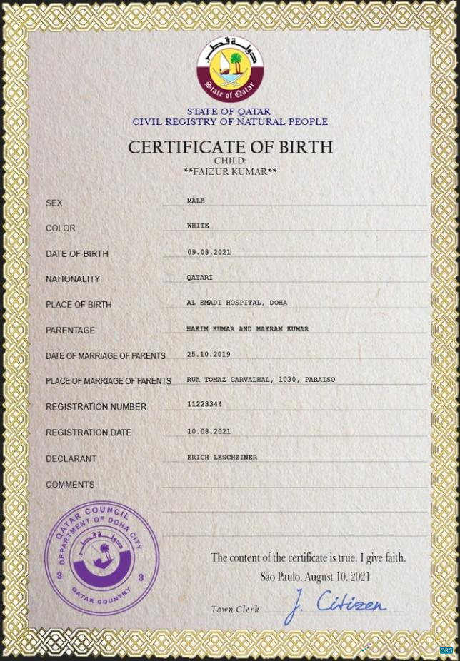 Профессиональный Скачать Катар Birth Certificate PSD Шаблон Photoshop Шаблон