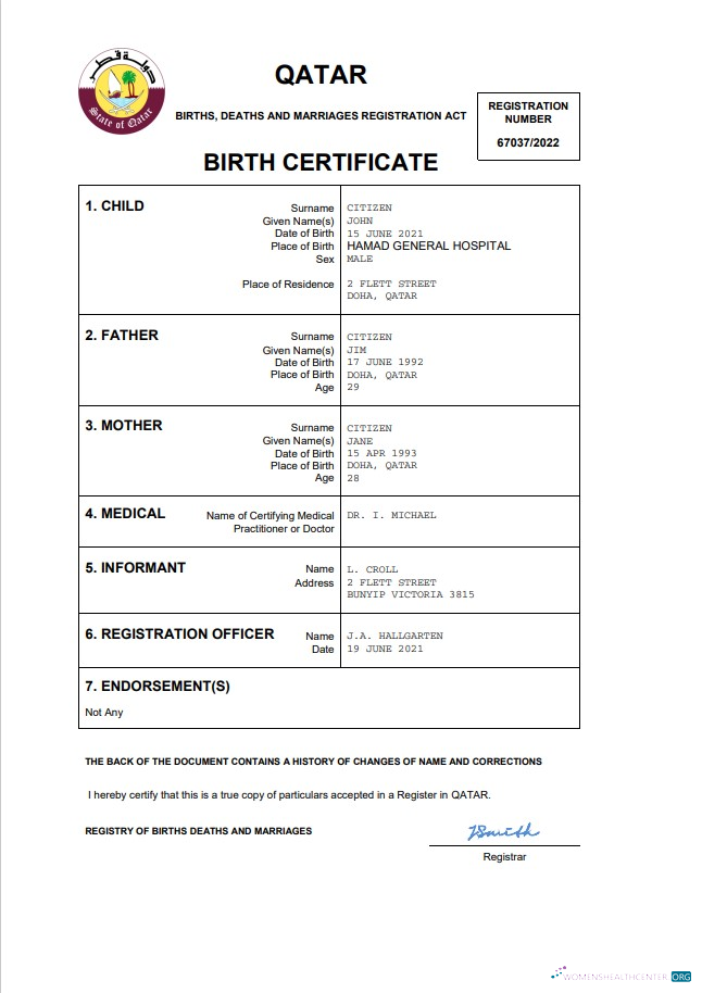 Реалистичный Скачать Катар Vital Record Birth Certificate Word и PDF Шаблон Photoshop Шаблон