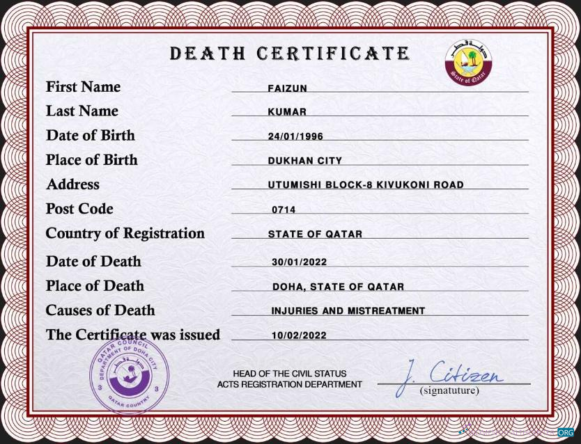 Качественный Скачать Катар Vital Record Death Certificate PSD Шаблон Photoshop Шаблон