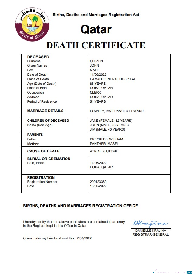 Реалистичный Скачать Катар Vital Record Death Certificate Word и PDF Шаблон Photoshop Шаблон