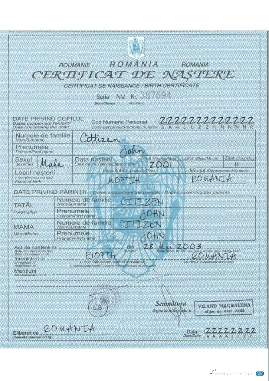 Редактируемый Скачать Румыния Birth Certificate Photoshop Шаблон