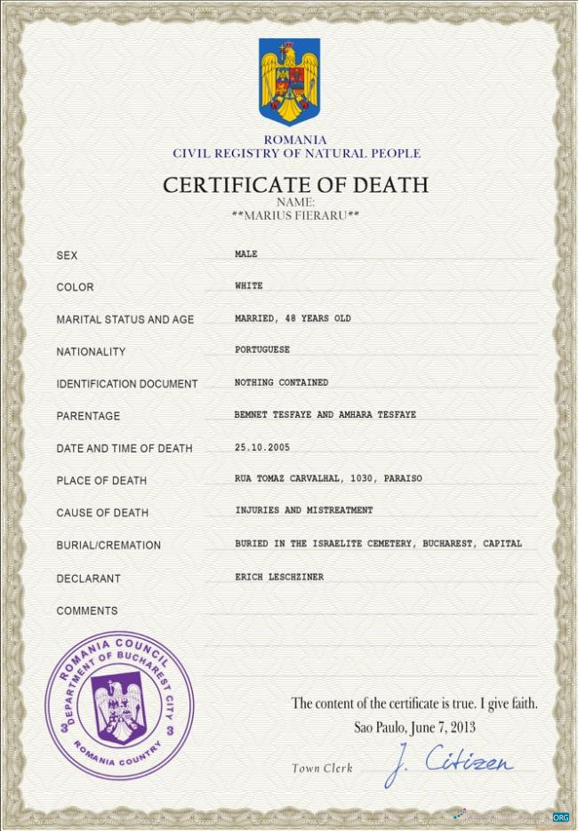 Реалистичный Скачать Румыния Death Certificate PSD Шаблон Photoshop Шаблон
