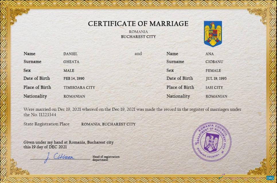 Реалистичный Скачать Румыния Marriage Certificate PSD Шаблон, Fully Editable Photoshop Шаблон