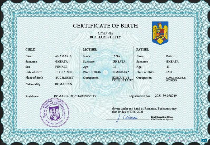 Премиум Скачать Румыния Vital Record Birth Certificate PSD Шаблон Photoshop Шаблон