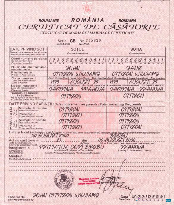 Профессиональный Скачать Румыния Vital Record Marriage Certificate Photoshop Шаблон