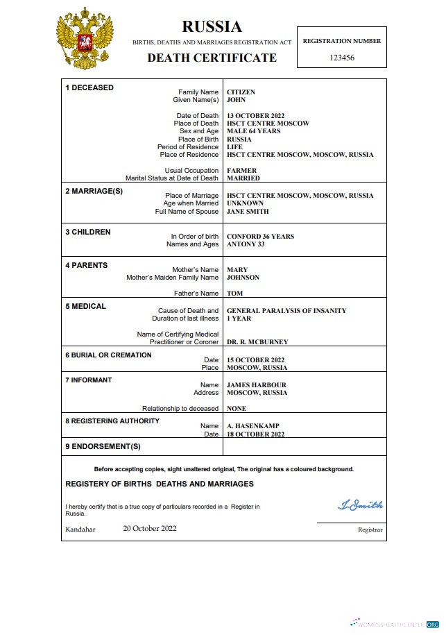 Профессиональный Скачать Россия Death Certificate Word и PDF Шаблон Photoshop Шаблон