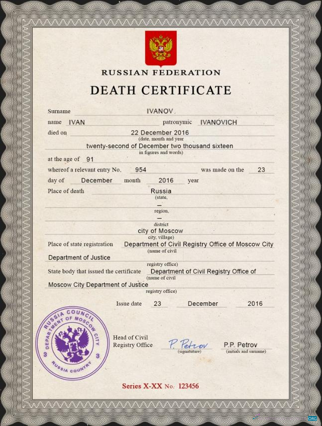 Качественный Скачать Россия Vital Record Death Certificate PSD Шаблон Photoshop Шаблон