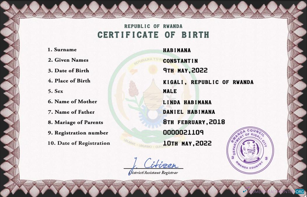 Реалистичный Скачать Руанда Birth Certificate PSD Шаблон Photoshop Шаблон