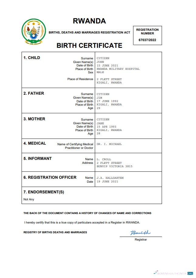 Профессиональный Скачать Руанда Birth Certificate Word и PDF Шаблон Photoshop Шаблон