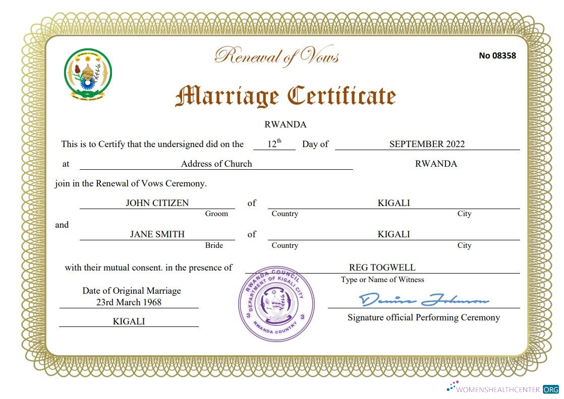 Профессиональный Скачать Руанда Marriage Certificate Word и PDF Шаблон Photoshop Шаблон