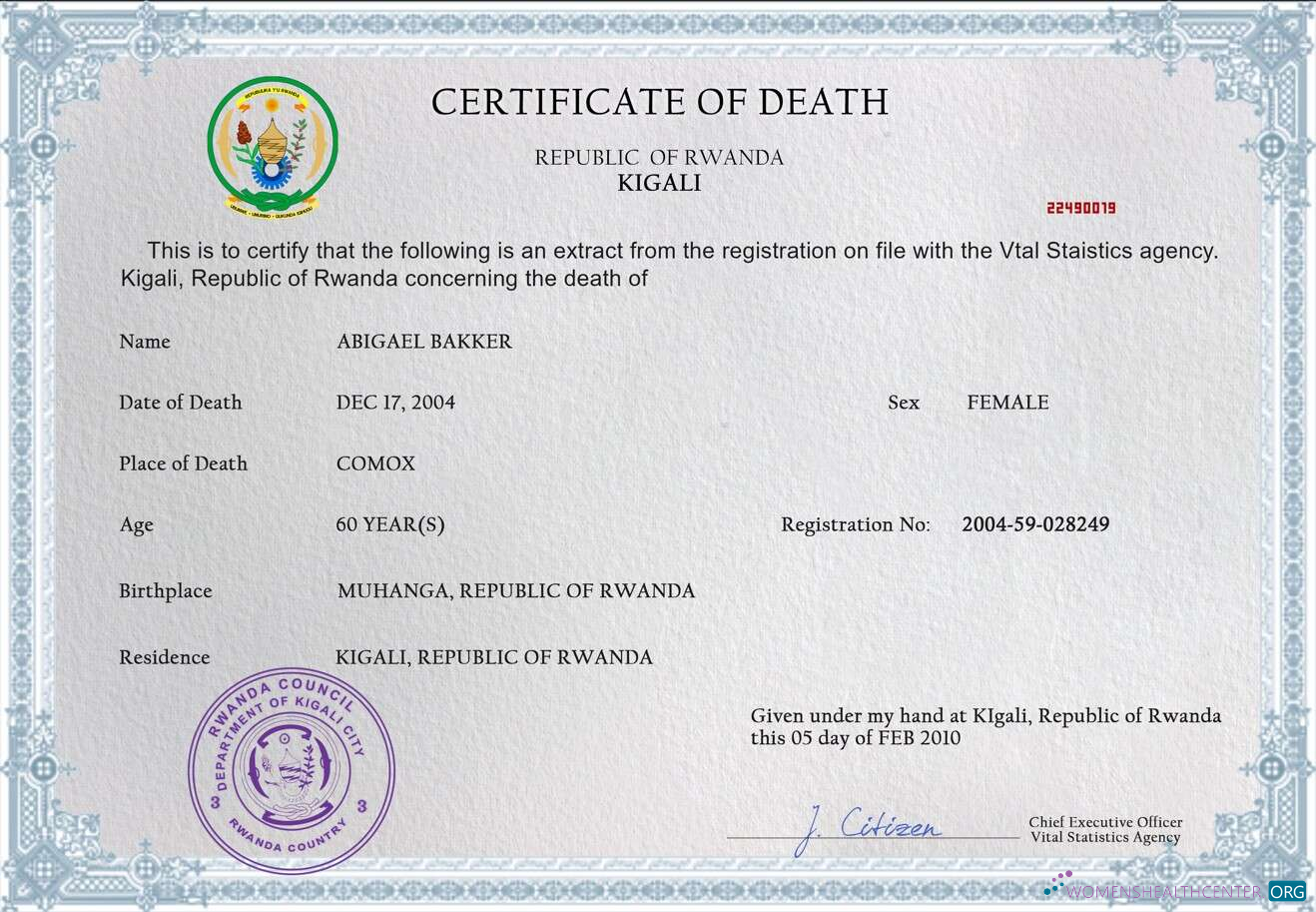 Реалистичный Скачать Руанда Vital Record Death Certificate PSD Шаблон Photoshop Шаблон