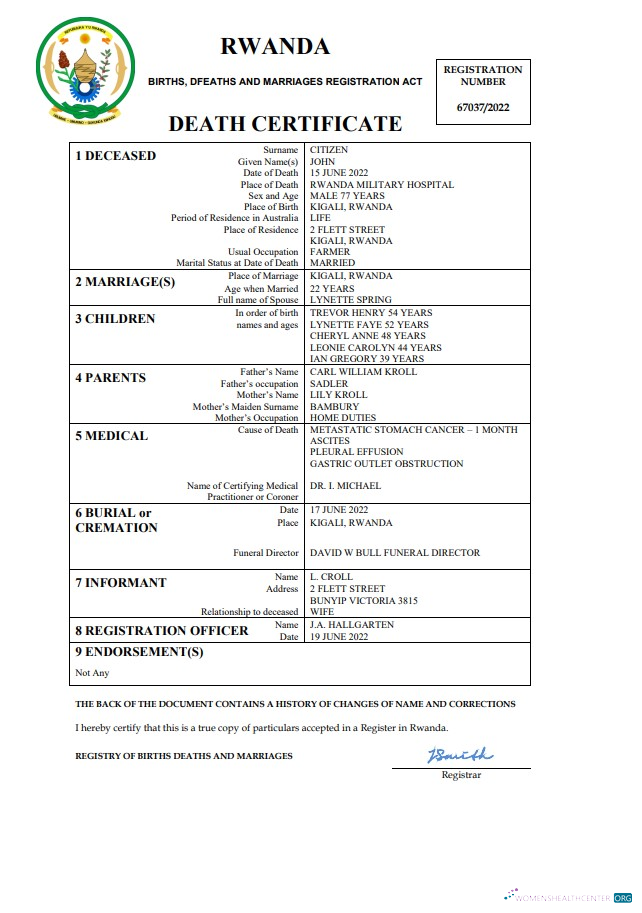 Премиум Скачать Руанда Vital Record Death Certificate Word и PDF Шаблон Photoshop Шаблон